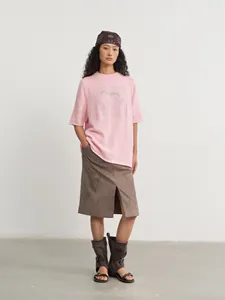 Pink crew neck silver thread jacquard knitted loose short sleeve top on model