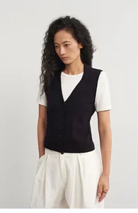 Detailansicht einer stilvollen schwarzen Strickweste mit Knopfleiste und Polokragen