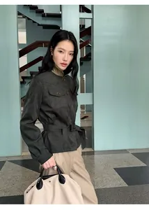 Modern chic styling featuring high-waist PU leather pants and belted utility jacket