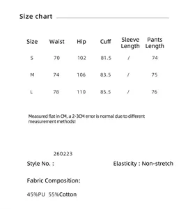 Detailed size chart and material specs for high waist PU leather wide leg pants
