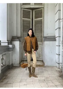 Gilet in camoscio stile Maillard vintage da donna, giacca senza maniche con colletto