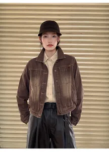 Vintage brown washed gradient denim jacket with a short fit and lapel collar design