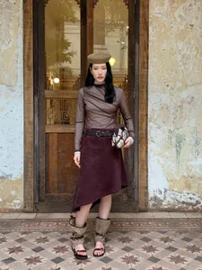 Vintage Maillard Style Asymmetric Diagonal Cut Midi Skirt For Women High Waist A-Line Polyester Spandex Skirt With Belt