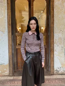 Γυναικείο Vintage Πλεκτό Τοπ Polo Space-Dye Αντιθετικό Χρώμα Διάτρητο Πέτο Μακρύ Μανίκι από Βισκόζη Πολυαμίδιο Casual Πουλόβερ για Φθινόπωρο