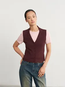 Eleganter weinroter Strickweste mit Polo-Kragen für Damen Herbstmode