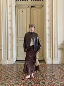 Vintage brown printed bias-cut fishtail skirt for women in an elegant setting