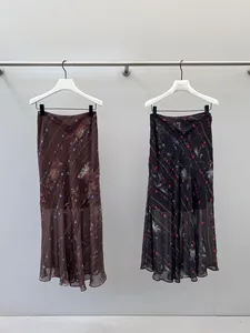 Elegant vintage floral bias cut midi skirt with flowy fishtail hem for women, autumn style