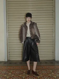 Women Soft PU Leather Cotton Blend High Waist Cropped Wide Leg Pants Chic PU Culottes Autumn Fashion Slimming Trousers With Belt
