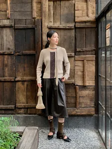 Stylish high-waist women's PU leather wide-leg cropped pants in dark brown