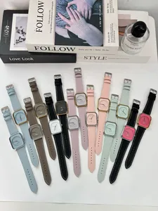 Minimalist square leather strap quartz watches for women displayed in various pastel colors