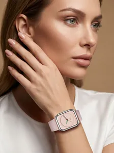 Elegant women's square quartz watch with pink leather strap worn on a model's wrist