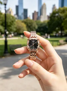 Elegant GEDI ladies' quartz watch featuring a rose gold steel strap and black square dial