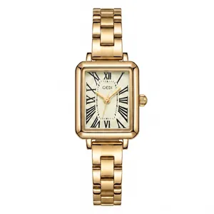 Elegante reloj de cuarzo rectangular dorado para mujer con esfera romana y brazalete