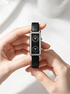 Detailed view of Gedi French retro rectangular watch featuring dual dials and black leather strap