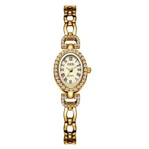 GEDI Vintage ovale Damen-Quarzuhr mit eleganten Strasssteinen und goldenem Stahlarmband.