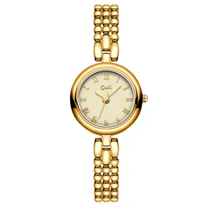 Elegant Gedi gold women's quartz watch with vintage dial and bead chain strap.