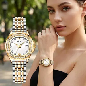 Gedi Damen Mode Quarzuhr Strass Besetzt Perlmutt Zifferblatt Edelstahl Armband Wasserdicht Dress Armbanduhr