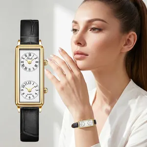 French Vintage Rectangular Double Dial Women Watch Elegant Leather Strap Waterproof Quartz Wristwatch For Office Lady