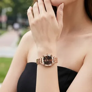 Elegant rose gold square dial quartz watch for women with stainless steel link bracelet