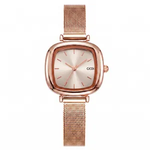 Elegante roségoldene quadratische GEDI-Quarzuhr mit einem Mesh-Armband aus Edelstahl.