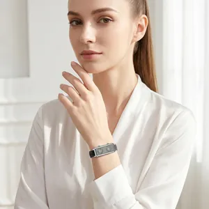 Elegant French vintage rectangular dual-dial women's watch with black leather strap