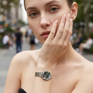 GEDI elegant women's quartz watch with square silver steel band and dark grey dial