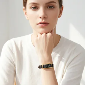 Elegant French vintage dual dial rectangular watch with black leather strap for women