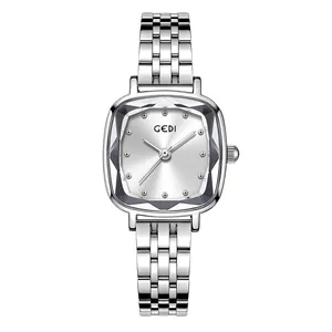 GEDI elegant women's silver quartz watch featuring faceted glass and stainless steel band