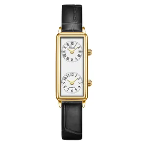 Elegant French retro rectangular women's wristwatch featuring dual dials and black leather strap