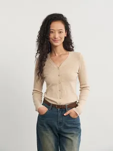 Elegant beige V-neck slim-fit knit cardigan for women with a soft textured finish