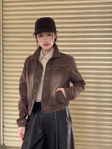 Stylish vintage-style brown gradient washed denim jacket with lapel collar for women