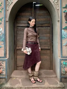 Vintage Maillard asymmetrical A-line skirt for women in wine red with diagonal cut