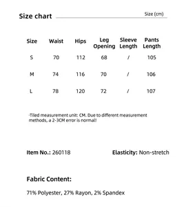 Detailed size chart and fabric material information for women's high waist wide leg trousers