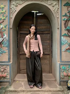 Elegant soft pink knit cardigan with matching scarf in Korean style fall fashion for women
