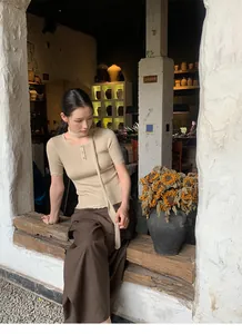 Elegant fall old money style high waist faux two-piece wide-leg trousers with knit top