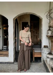 Elegant brown high-waist layered skirt-pants for women in a chic Old Money style