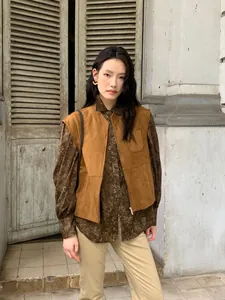 Gilet da Donna in Finta Pelle Scamosciata Vintage con Colletto in Piedi Autunno Stile Maillard Giacca Senza Maniche con Cerniera