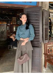 Elegant old money style high-waisted fake two-piece skirt pants in earthy olive brown
