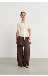 Full body view of model wearing brown double-layer high-waist wide-leg suit trousers
