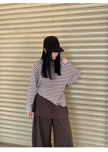 Casual brown striped long-sleeve shirt with matching layered brown trousers set