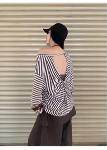 Detailed back view of casual striped backless cover-up and camisole two-piece set outfit