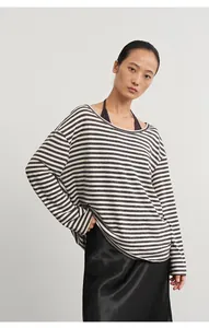 Fashionable striped long sleeve pullover with black camisole two-piece set for women