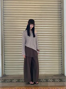 Stylish brown striped off-shoulder top and matching skirt-trousers set for women