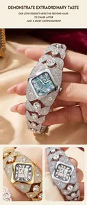 Macro view of diamond-encrusted women's quartz watch showing rhinestone details