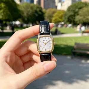 GEDI vintage square glitter dial quartz watch with black leather strap for women