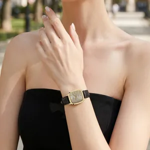 Elegant GEDI women's quartz watch with square glitter dial and black leather strap