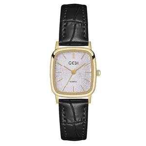 GEDI vintage square women's quartz watch with glitter dial and black leather strap