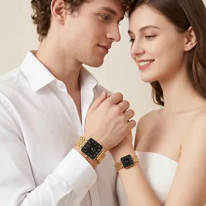 Reloj de cuarzo retro con esfera cuadrada y correa de acero dorada