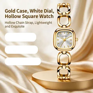 Elegant GEDI women's gold-toned square watch featuring a hollow chain link bracelet.
