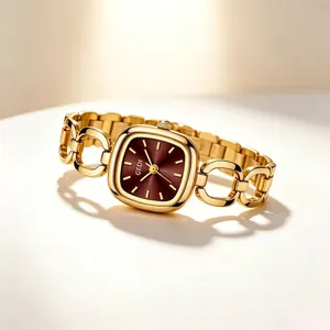 GEDI elegant women's gold square quartz watch with hollow chain link bracelet